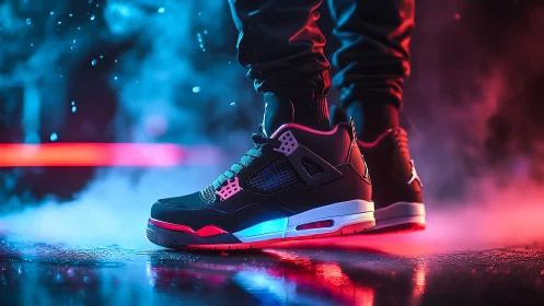 Neon-lit sneakers on wet pavement in cinematic cyber glow.