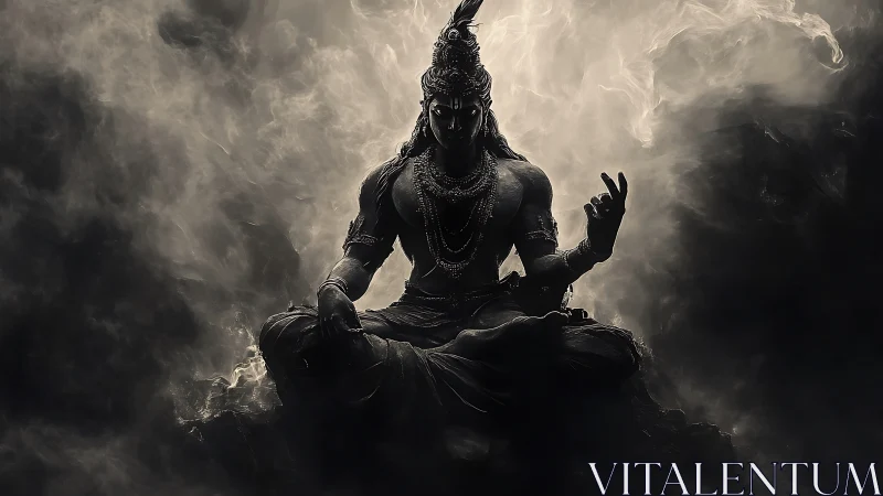 Mystic deity statue sits in swirling smoke and shadowed light