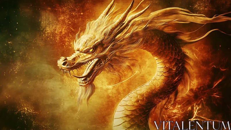 Golden dragon coils through blazing cosmic firestorm