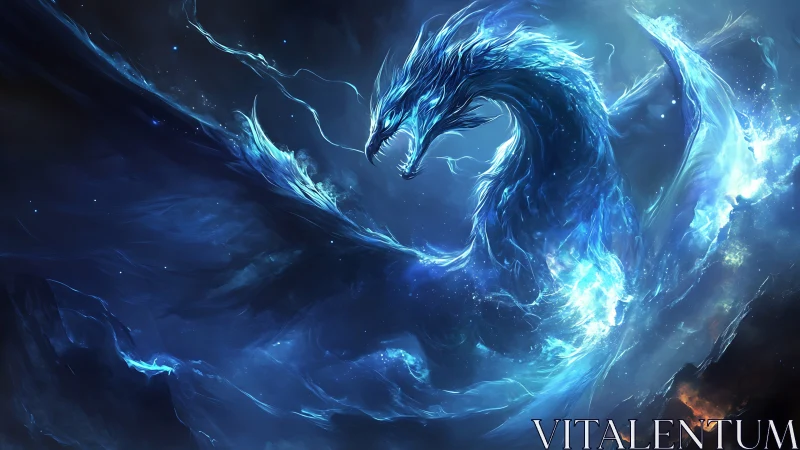 Luminescent astral dragon formed from swirling blue nebulae