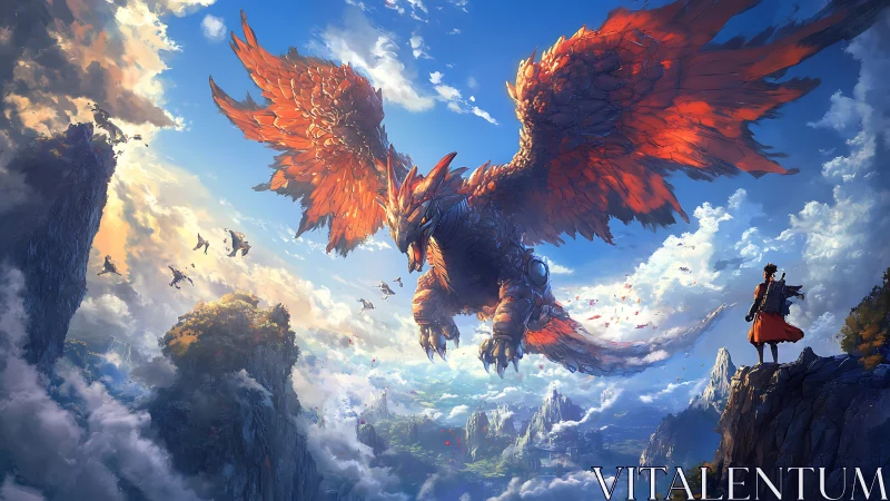 Giant red‑winged dragon confronts lone figure on cliff