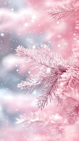 Pink frosted pine branches with falling winter snow.