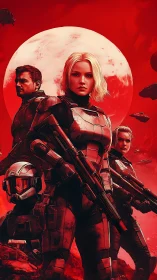 Fearless space squad standing united beneath red moon.