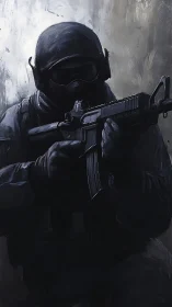 Shadow-clad commando waits in tense steel-gray silence.