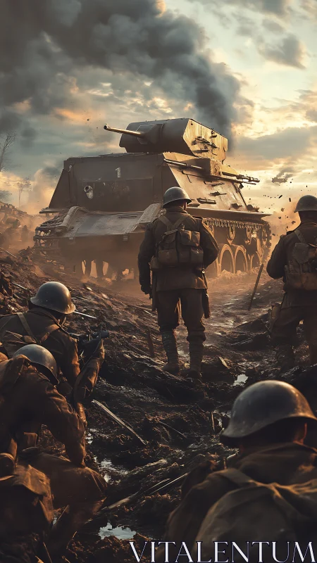 Armored tank advances through muddy battlefield under fire