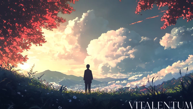 Lone figure facing glowing valley sky under red trees.