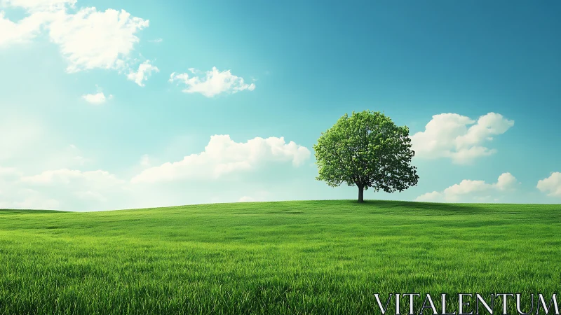 Lone green tree on grassy hill under blue sky, vibrant landscape.