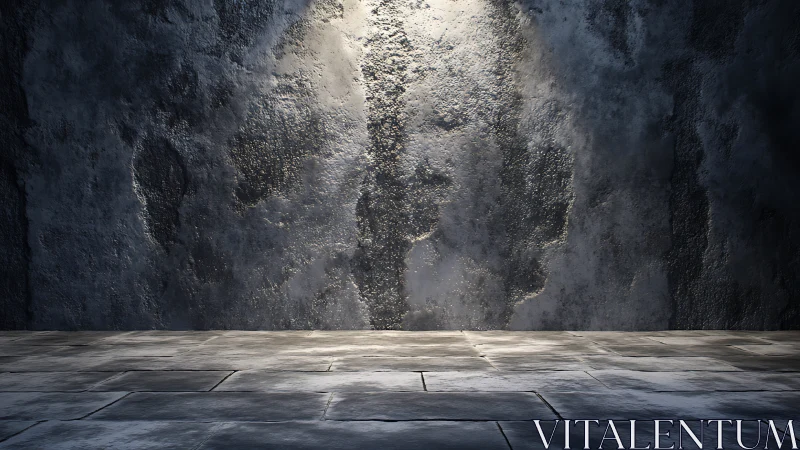 Textured concrete wall with stone floor under spotlight.