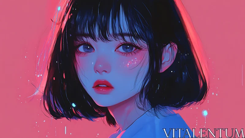 Neon-lit portrait of short-haired girl in soft cel shading.