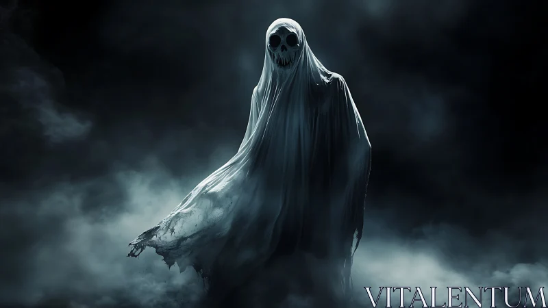 Gentle ghost draped in moonlit misty midnight mystery.