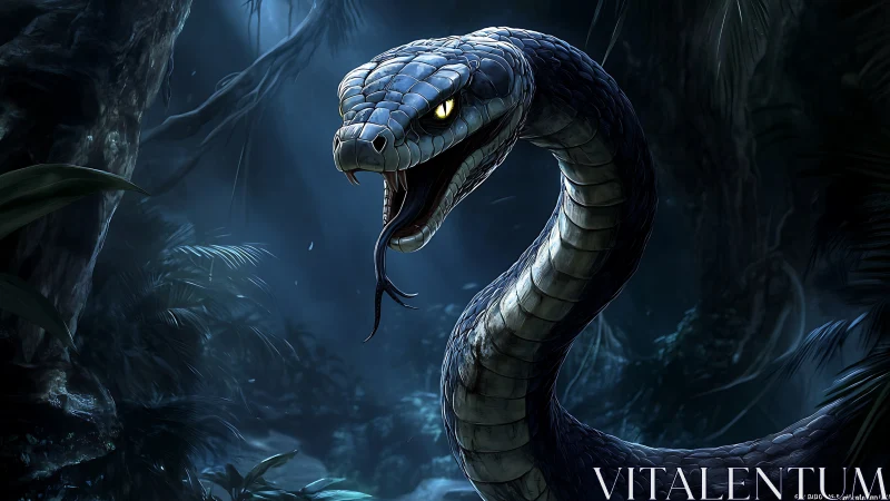 Moonlit jungle serpent poised in shadowy, venomous silence.