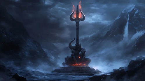 Dark mountain altar with fiery trident and kneeling statue.