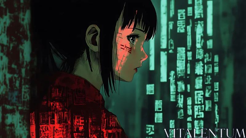 Quiet coder gazes into glowing green data in the dark