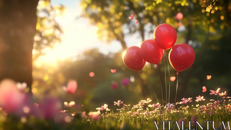 Red Balloons Dancing in Golden Sunlight.