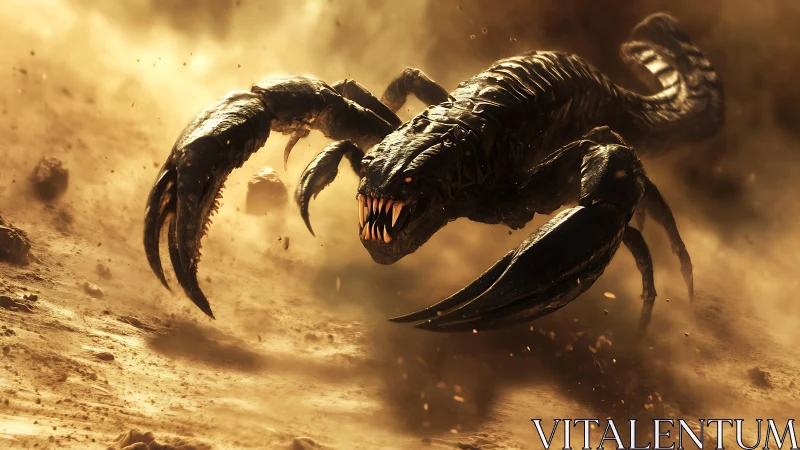 Cinematic 3D desert scorpion creature in dynamic charge motion.