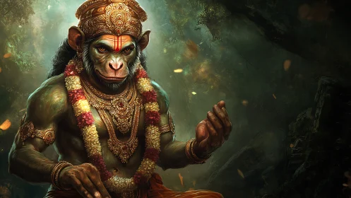 Monkey-headed deity figure sits in dense, shaded forest environment