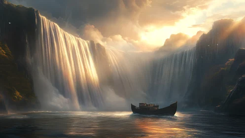 Wooden boat crosses misted lake beneath colossal falls