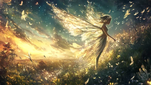 Winged female figure in illuminated dusk landscape scene.