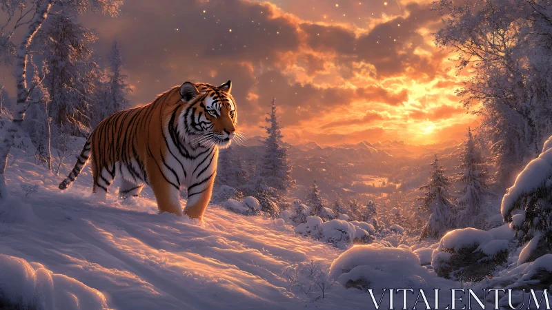 Tiger crossing snowy ridge under blazing winter sunset.