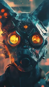 Cybernetic canine sentinel stares through burning neon haze