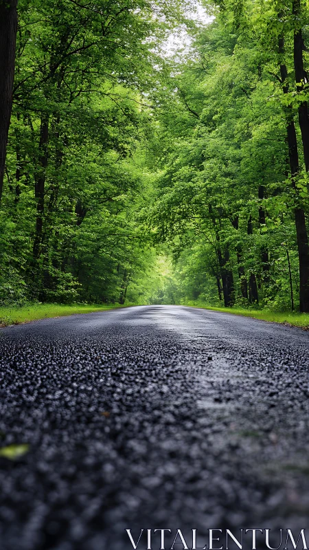 Arboreal Avenue: Canopy-Lined Asphalt Road with Low-Angle Perspective