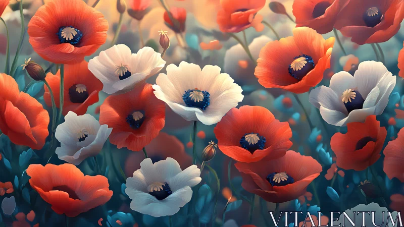 Vibrant Poppy Field with Red and White Blooms in Soft Light