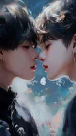 Two lovers lean close in a dreamlike, intimate portrait