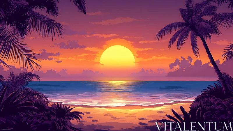 Vibrant tropical sunset seascape with silhouetted palm trees.