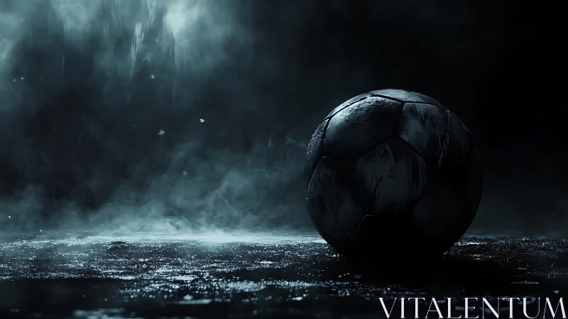 Wet soccer ball on dark reflective ground in low light.