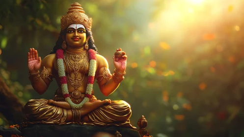 Golden seated deity statue holds pot in forest sunlight