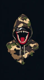 Camouflage shark-mouth hoodie illustration on black background