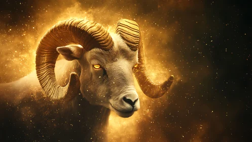 Ram head floats in glowing golden particle cloud