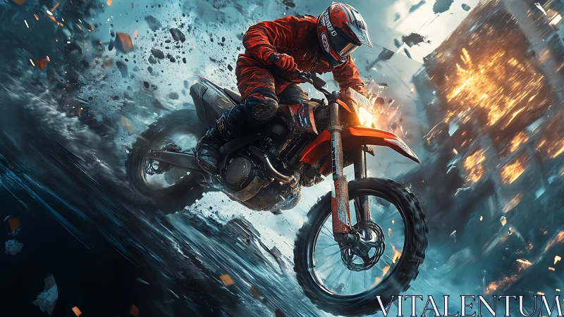Motocross rider powers through rubble and flying debris.