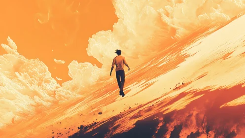 Solitary figure walks blazing slope under swirling clouds