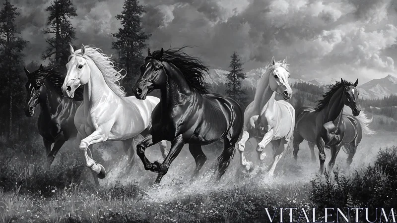 Galloping horses in monochrome alpine wilderness storm.