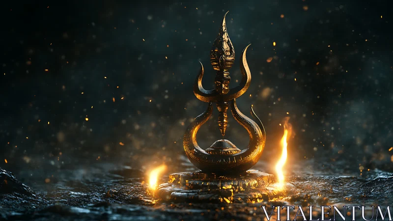 Golden ritual emblem glows amid flames and falling embers.