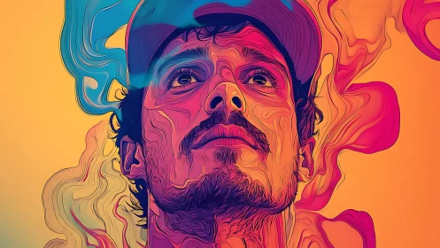 Vibrant stylized portrait shows man in cap amid fluid color