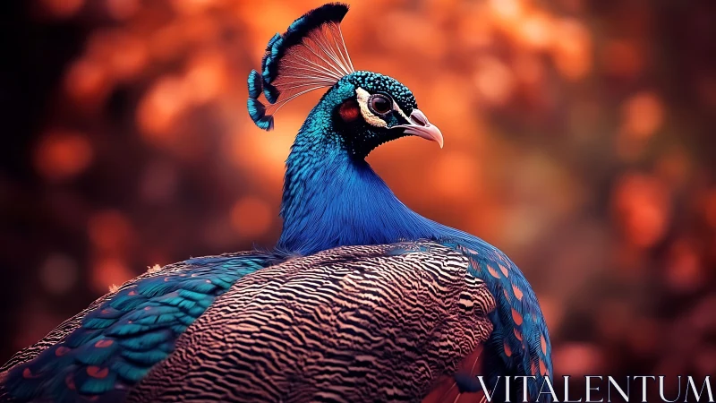 Vibrant Peacock Portrait with Warm Bokeh Background, Artistic Style.