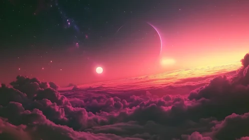 Chromatic exoplanet sunrise above stratified nebular clouds.