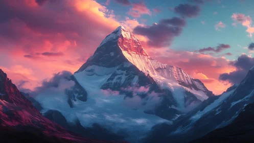 Sunset-kissed mountain peak glowing in dreamlike color.