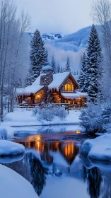 Snow-laden riverside log cabin with warm interior lighting