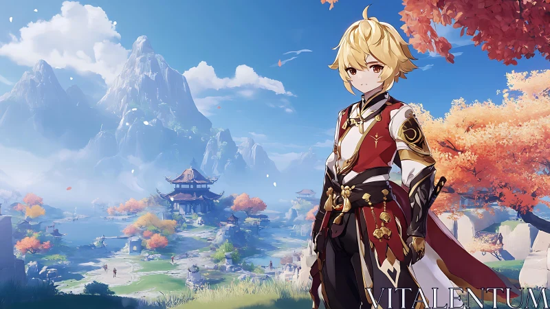 Golden-haired anime warrior in serene mountain realm landscape.