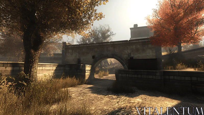 Sunlit stone bridge in quiet autumn park setting.