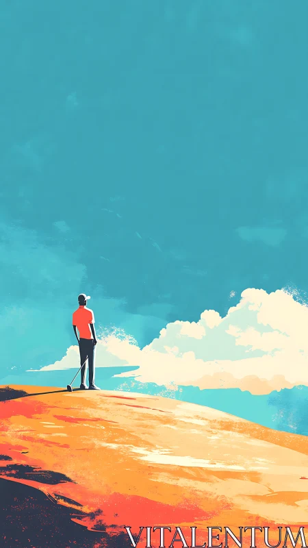 Lone golfer surveys sunlit hill beneath expansive sky