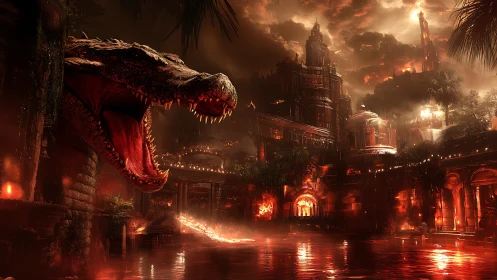 Colossal crocodile guardian before infernal citadel at dusk.