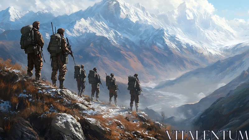 Alpine reconnaissance unit traversing glaciated valley ridgeline.