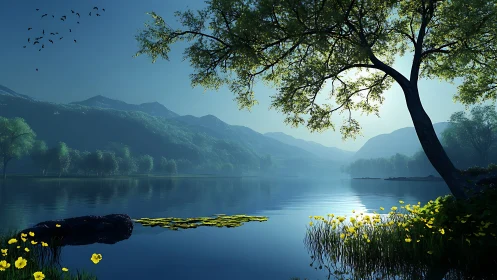 Gentle mountain lake glows in soft morning light and calm air
