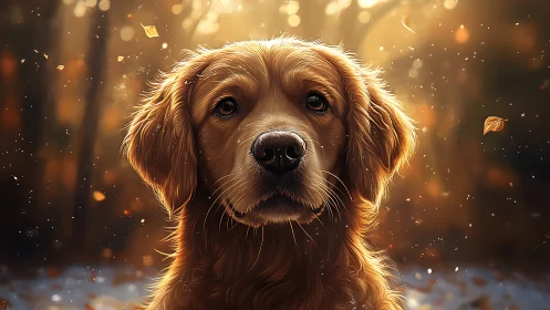 Golden retriever portrait in softly lit autumn woodland.