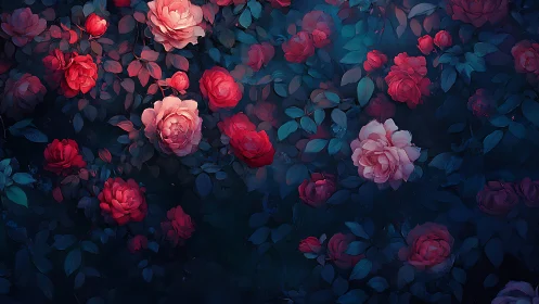 Luminous garden composition with crimson peonies and teal foliage.