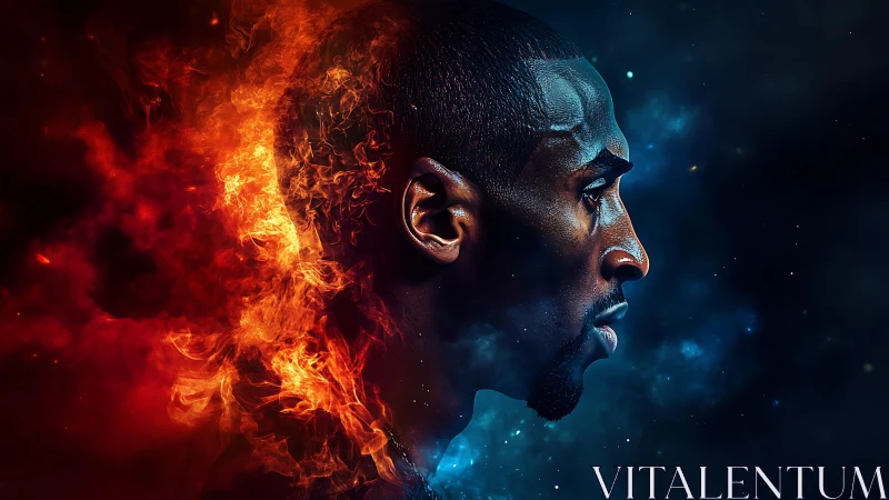 Digital painting split-portrait with elemental fire and void balance.